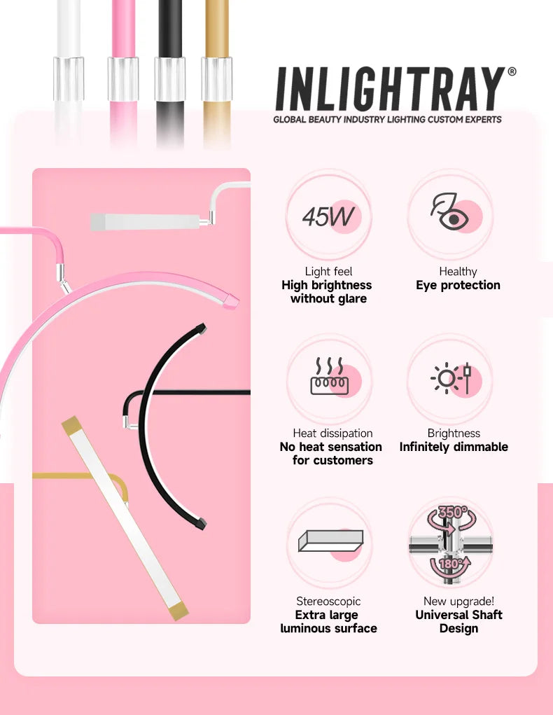 23" OEM 45W LED Eyelash Extension Lamp – Adjustable Brightness Half-Moon Bed Lamp with Ring Light & Free Logo