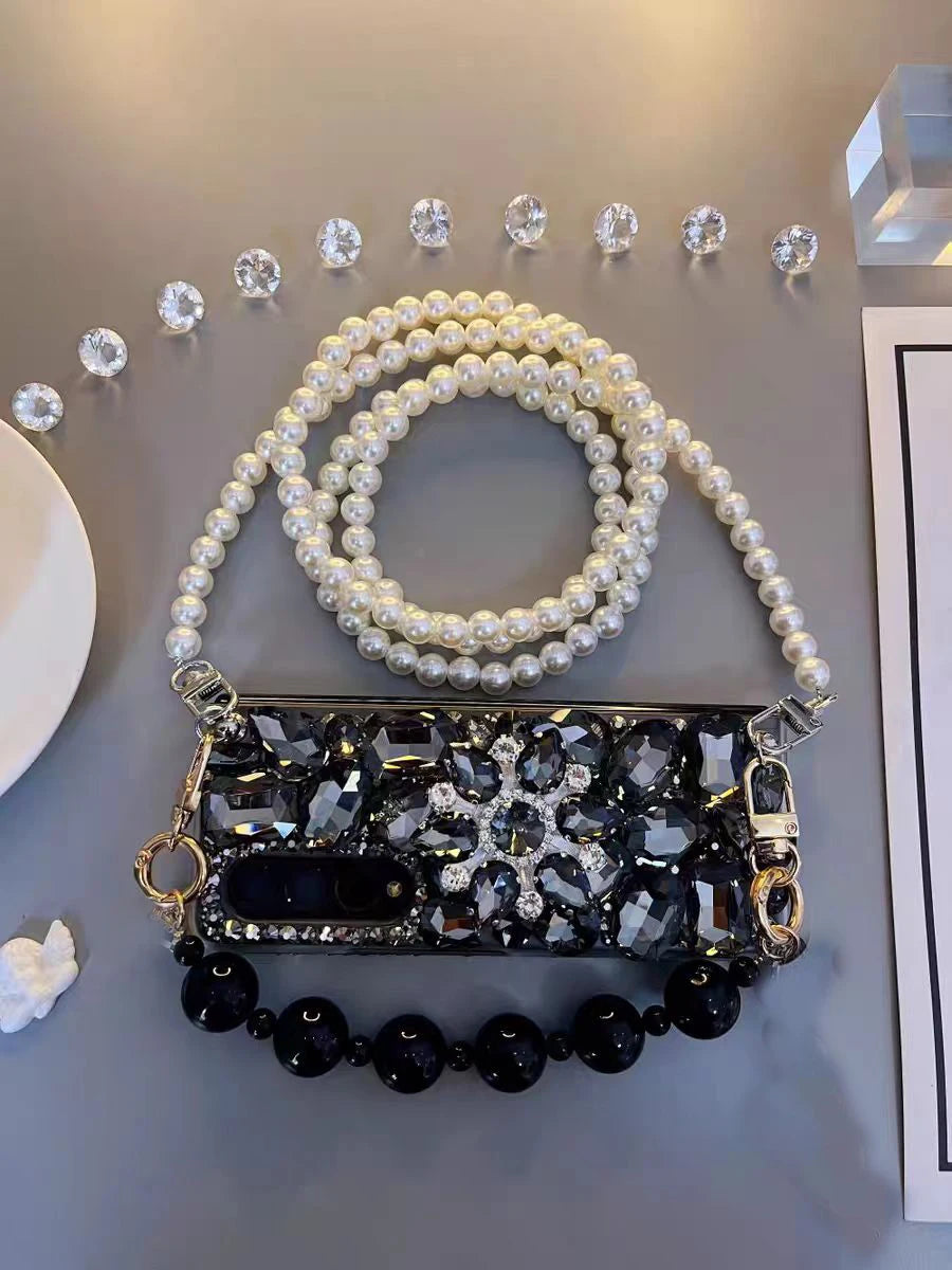 Luxury Crystal Diamond Phone Case for Samsung Galaxy Z Fold 6/5/4/3 – Pearl Wrist Strap & Stand Holder Cover