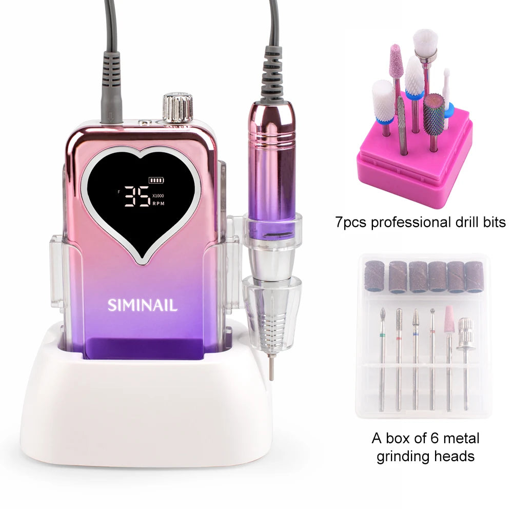 SIMINAIL Professional Nail Drill Machine – 35000RPM Portable Electric Nail File with Rechargeable E-File Bit Kit