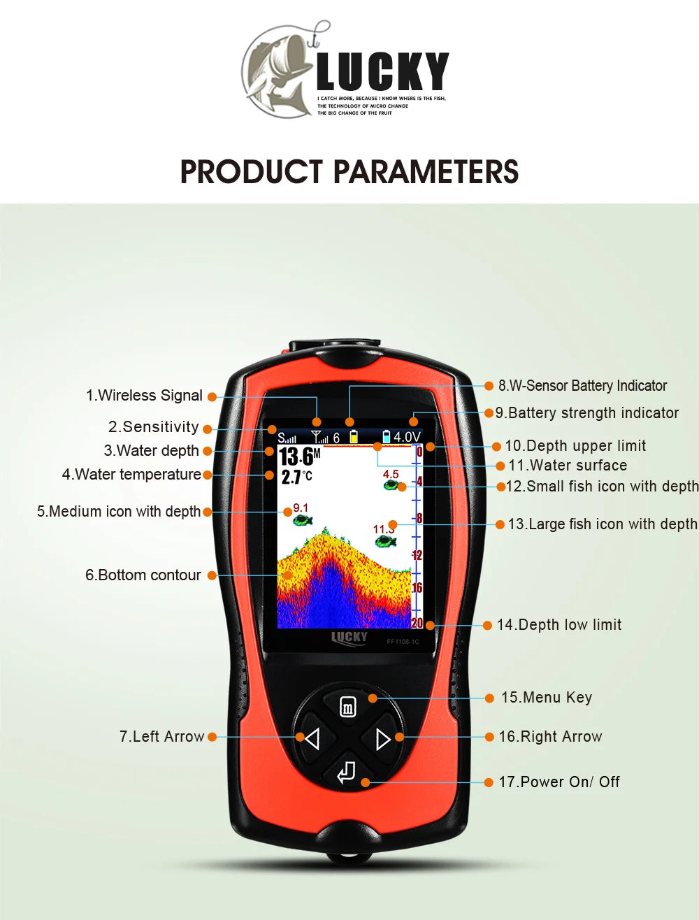 Lucky Sonar Fish Finder FF1108-1CWLA – Rechargeable Wireless Sensor, 45M Depth Echo Sounder for Portable Fishing