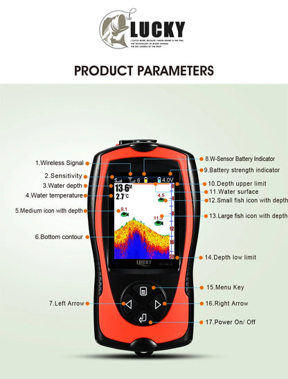 Lucky Sonar Fish Finder FF1108-1CWLA – Rechargeable Wireless Sensor, 45M Depth Echo Sounder for Portable Fishing