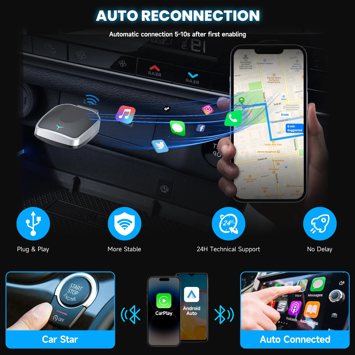 2-in-1 Wired to Wireless CarPlay & Android Auto Adapter — Plug & Play ...