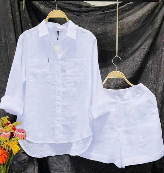 2025 Women’s Summer Two-Piece Set – White Cotton Linen Long Sleeve Shirt & Shorts Casual Home Outfit