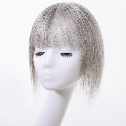 Light Grey Human Hair Topper with Thick Bangs – Clip-In 360° Coverage Hair Extensions for Women