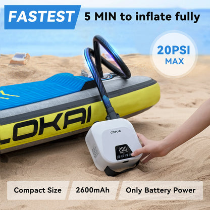 SUP Inflatable Pump — Rechargeable 20PSI Pump for PVC Kayaks, Kite Wings & Stand Up Paddle Boards