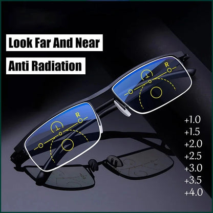 Progressive Multifocal Reading Glasses – Anti-Blue Light Half Frame Bifocal Eyewear for Men & Women +1.00 to +4.00