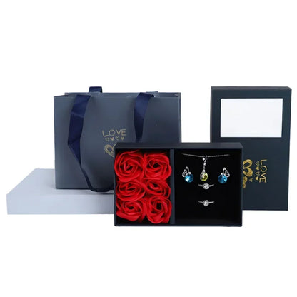 Window Opening Jewelry Box - Romantic 6 Rose Pendants, Ring & Bracelet Gift Packaging for Valentine's Day, Eternal Flower Design