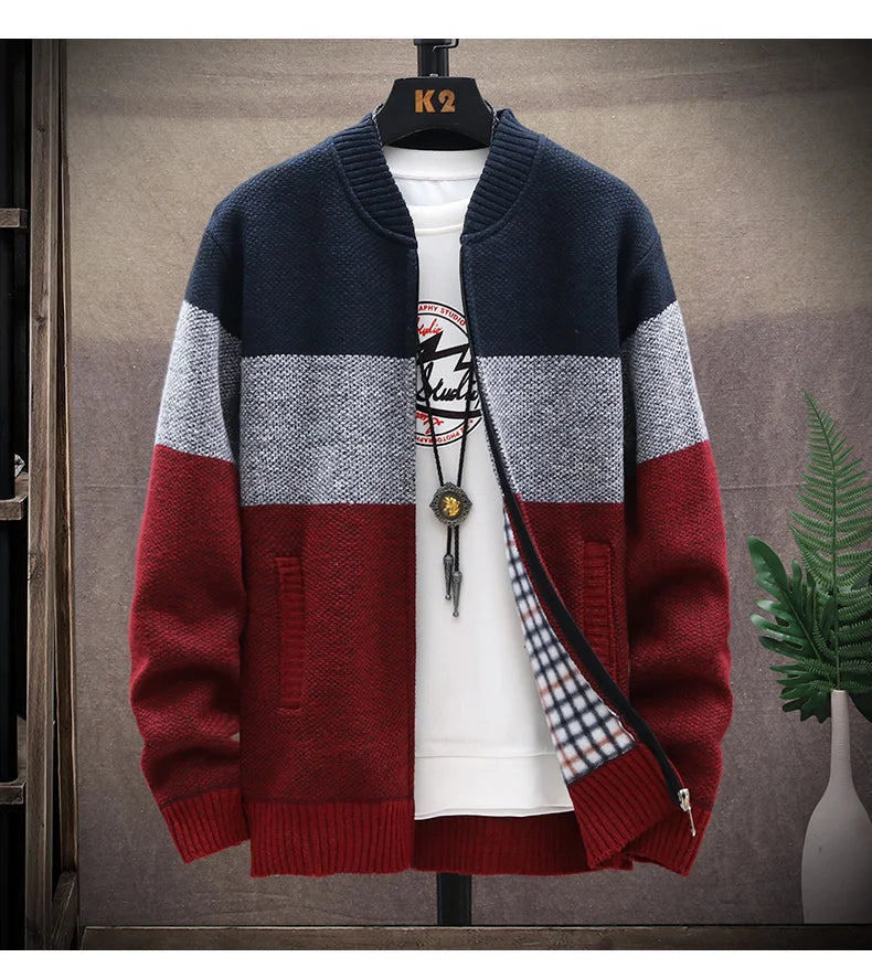 Men's Fleece Zipper Cardigan – Autumn Winter Velvet Striped Sweater Jacket
