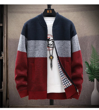 Men's Fleece Zipper Cardigan – Autumn Winter Velvet Striped Sweater Jacket