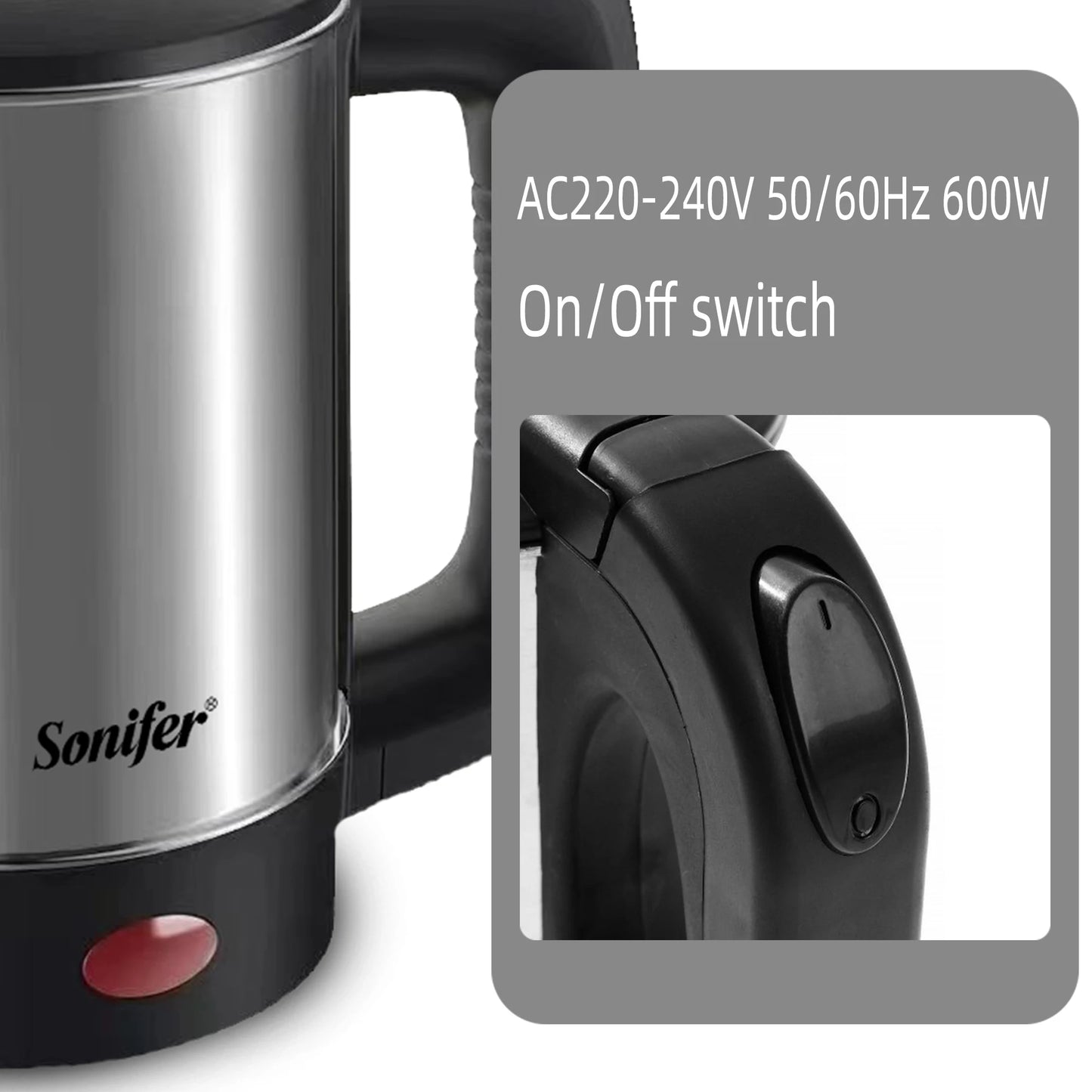 0.5L Mini Electric Kettle - 600W Portable Stainless Steel Water Boiler for Tea and Coffee, Ideal for Travel, Hotel, and Family Use (Sonifer)