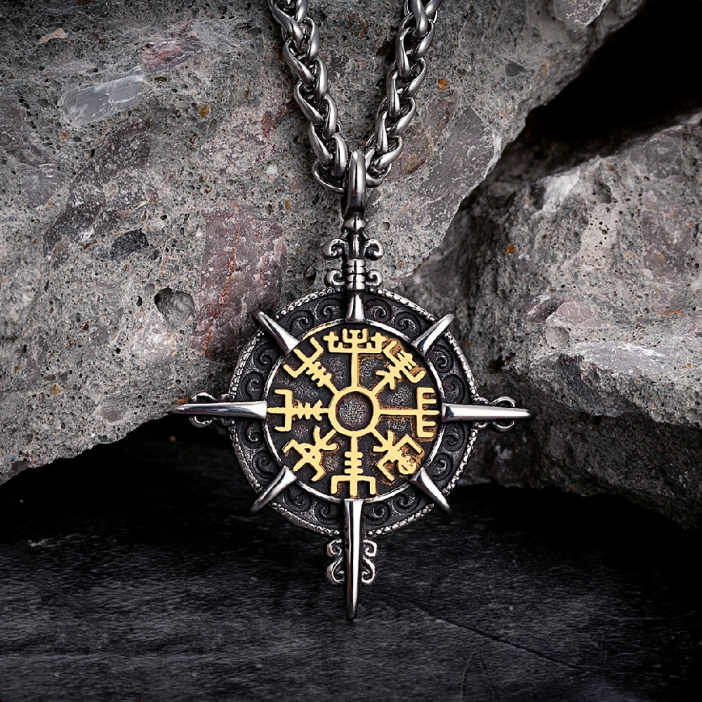 Retro Gold Viking Compass Necklace – Antique Stainless Steel Norse Rune Vegvisir Amulet Pendant for Men