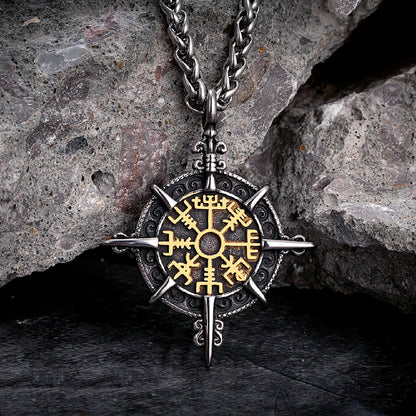 Retro Gold Viking Compass Necklace – Antique Stainless Steel Norse Rune Vegvisir Amulet Pendant for Men