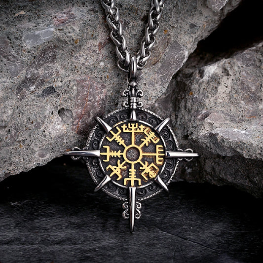 Retro Gold Viking Compass Necklace – Antique Stainless Steel Norse Rune Vegvisir Amulet Pendant for Men