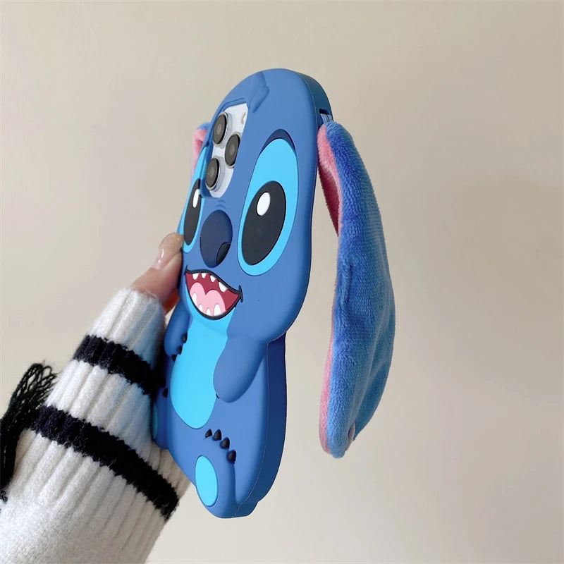 3D Stitch Plush Phone Case — Soft Silicone Cartoon Cover with Ear Strap for iPhone 11-16 Pro Max