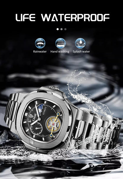 LIGE Dual Seconds Tourbillon Watch – Men's Stainless Steel Mechanical Timepiece, 24H, Night Glow, Waterproof