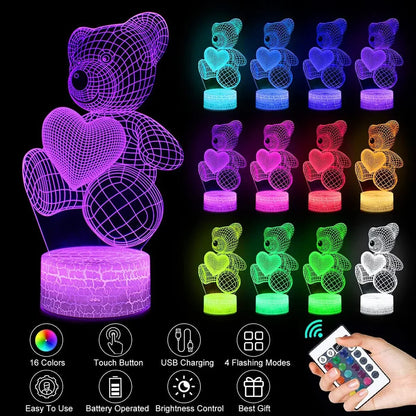 16-Color 3D Teddy Bear Night Light – LED Color-Changing Lamp for Kids & Gifts
