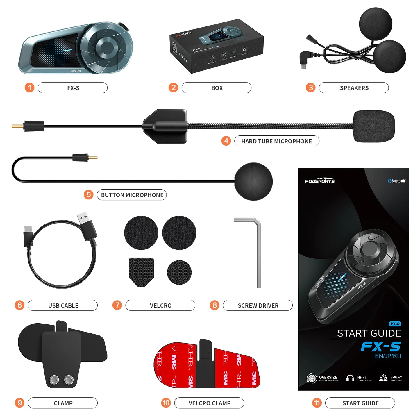Fodsports FX-S Bluetooth Motorcycle Intercom — Wireless Helmet Headset with 1000M Range, BT5.4