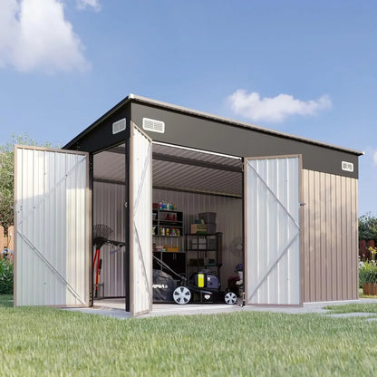 11.5'x7.5' Outdoor Metal Storage Shed – Triple Lockable Door with Sloping Roof for Tools & Bicycles