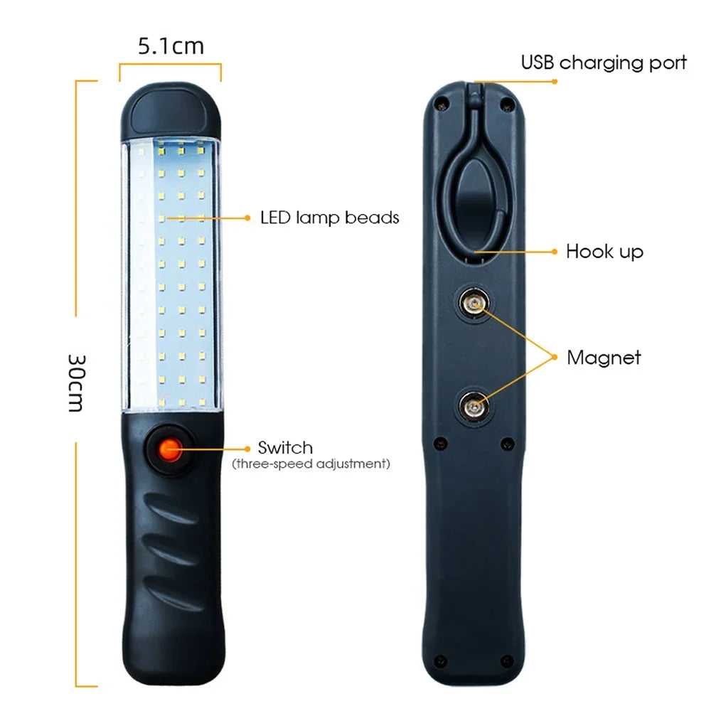 Powerful LED Work Light - Portable USB Rechargeable Camping Lantern with Magnet Hook, Waterproof for Repair & Outdoor Use
