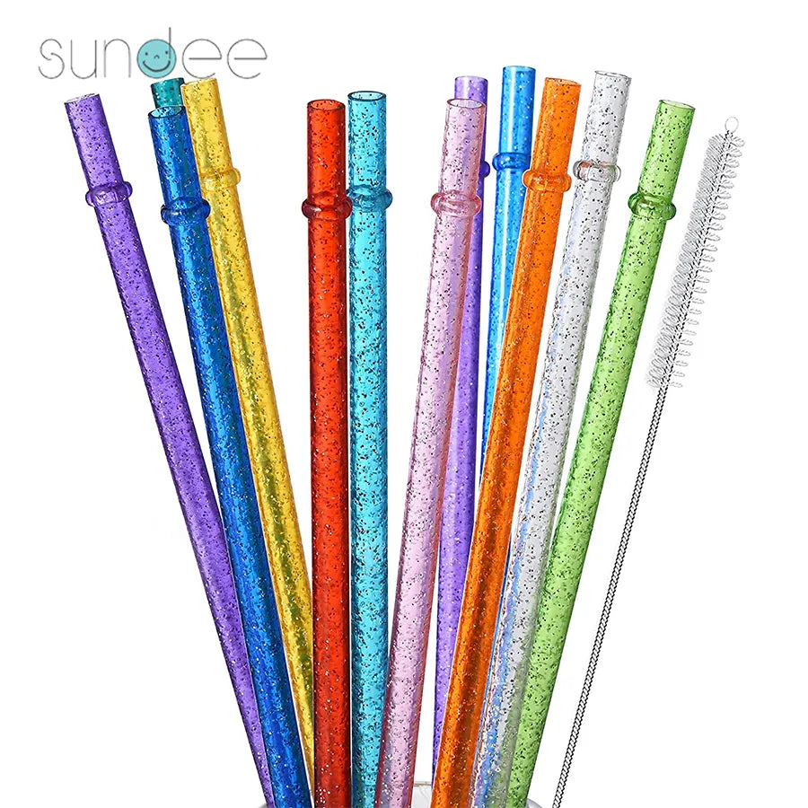 12Pcs Colorful Glitter Reusable Drinking Straws - 11-Inch Eco-Friendly Plastic Straws with Cleaning Brush, Assorted Mixed Colors Set