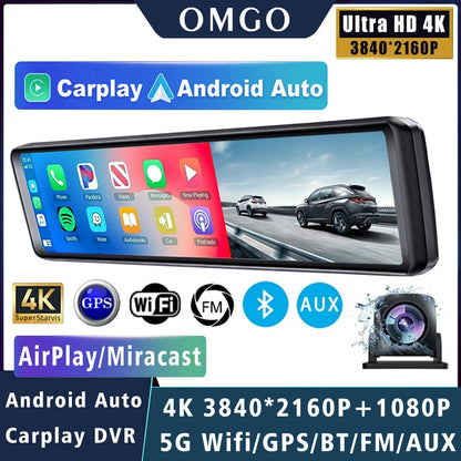 11.26" 4K 2160P Car DVR Dash Cam – CarPlay, Android Auto, GPS, WiFi, Bluetooth, FM, Rear View Mirror Camera & Drive Recorder