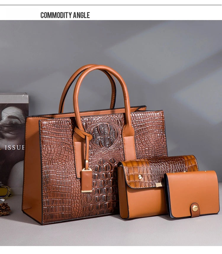New Crocodile Pattern Handbag Set for Women — 3Pcs Tote, Shoulder Bag & Clutch, Large Capacity Fashion Set