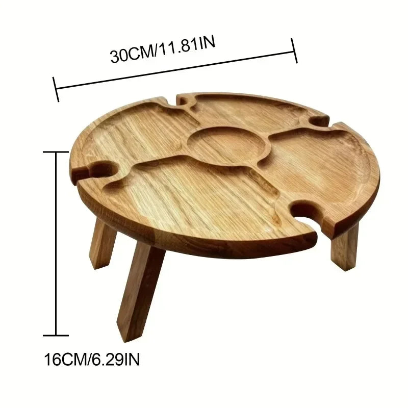Wooden Folding Picnic Table – Round Foldable Desk with Wine Glass Rack, Portable Snack Table for Outdoor Camp