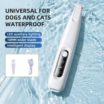 Type-C Dog Paw Trimmer - Waterproof Pet Hair Clippers with LED Light & Display, 18mm Wide Blade Grooming Tool