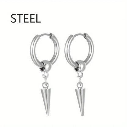 Fashion Stainless Steel Men's Cone Pendant Earrings | Retro Punk Hip-Hop Style Dangle Earrings for Men