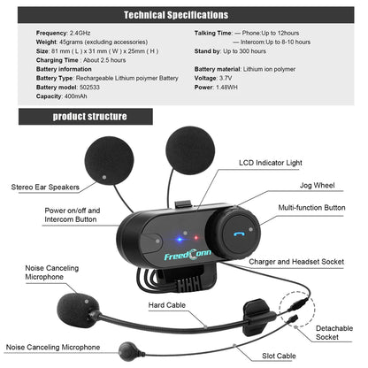 Freedconn T Com VB Motorcycle Helmet Bluetooth Headset — Wireless Stereo Intercom with Call, FM Music & Communication Sharing