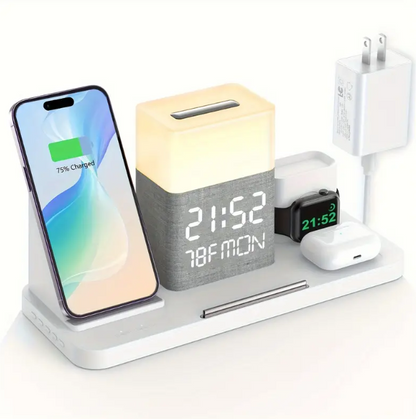 7 in 1 Dual Phone Wireless Charging Station with Night Light – Phone Holder, Time Sync, Week & Temperature Display, 30W Adapter for iPhone, AirPods, and iWatch, Fast Charging Dock with USB-C and USB-A Output