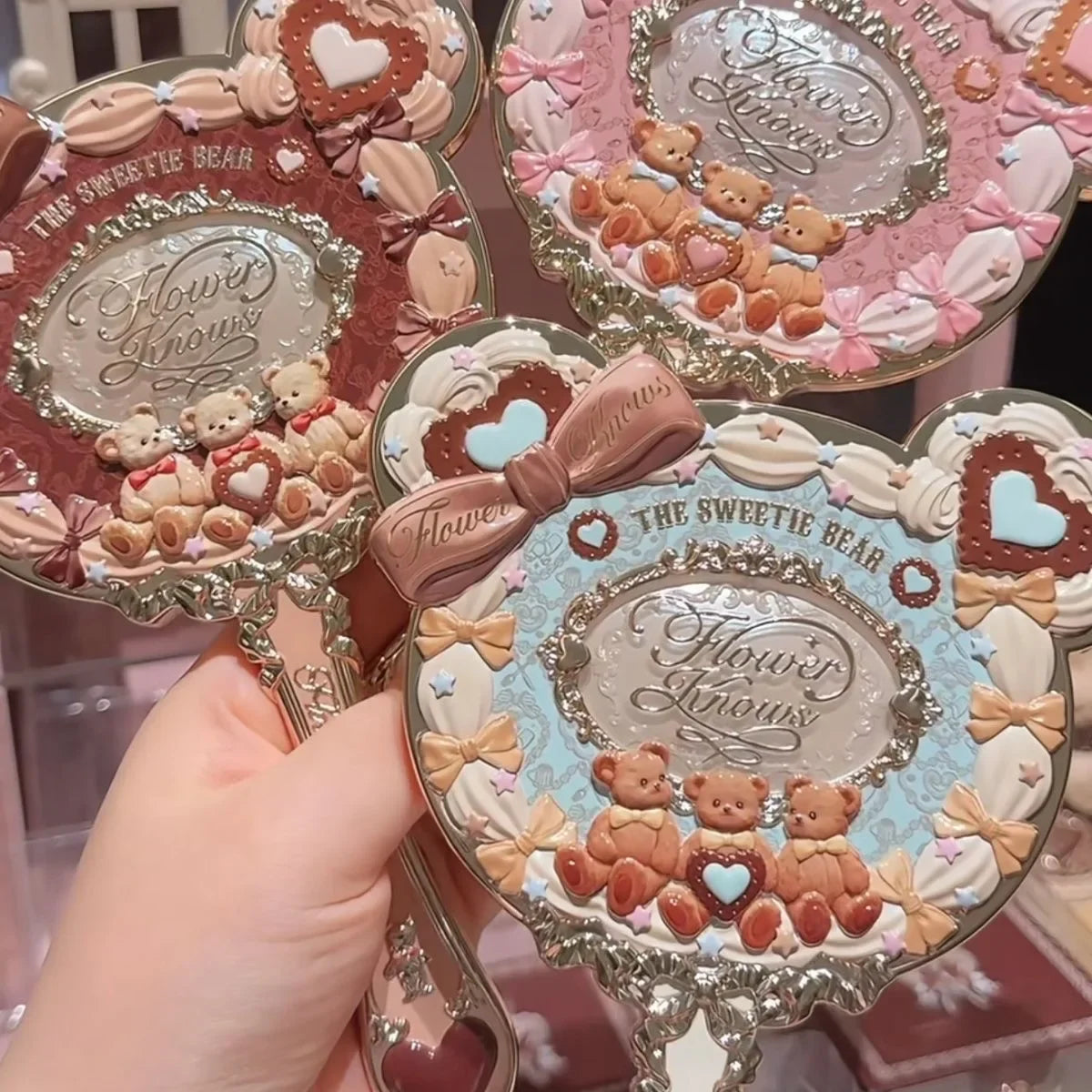 Flower Knows Sweetie Bear Handheld Mirror – 3 Styles, Exquisite Relief Design, Cute HD Makeup Tool