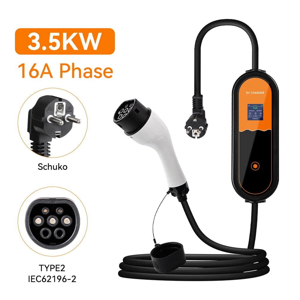 3.5KW Type 2 Portable EV Charger – Adjustable 8A-16A 1-Phase EU Plug for Electric Vehicles