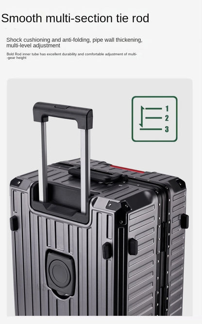 30-Inch Five-Wheel Aluminum Frame Suitcase — Multifunctional Cabin Luggage with Password Lock, USB Port & Cup Holder