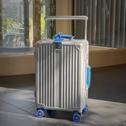 Aluminum Frame Rolling Luggage — Wide Handlebar Trolley Suitcase with Colorful Silent Spinner Wheels, TSA Lock & Large Capacity