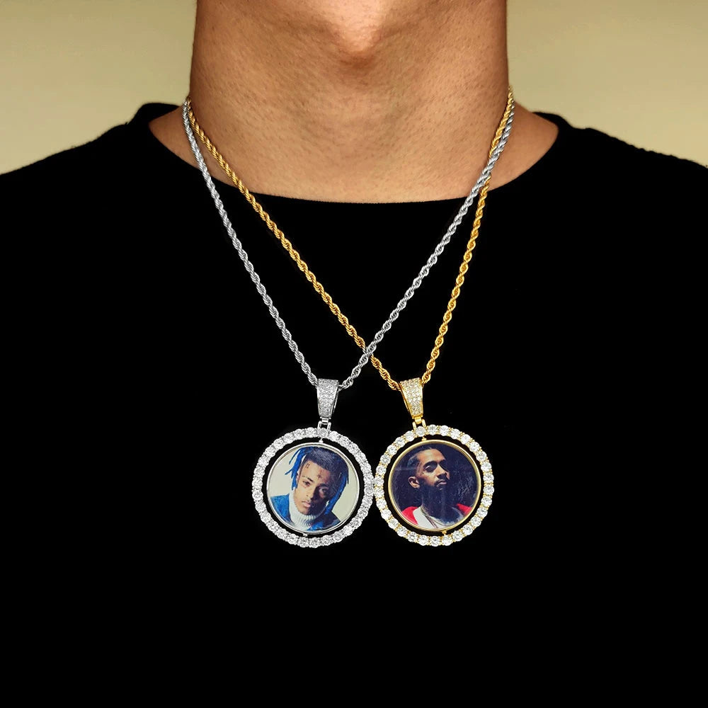 Customized Double-Side Photo Necklace – Personalized Picture Pendant with Cubic Zirconia, Hip Hop Jewelry Gift for Men & Women