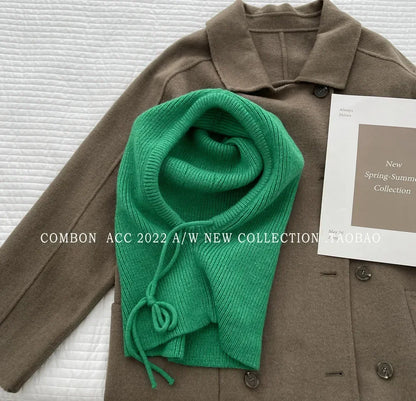 Knitted Hooded Balaclava Hats for Women – Korean Style Winter Outdoor Warmer, Drawstring Neck Collar Beanie Cap