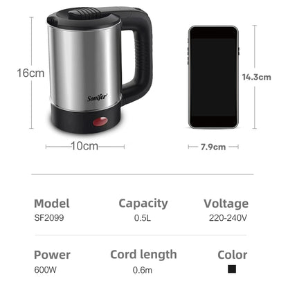 0.5L Mini Electric Kettle - 600W Portable Stainless Steel Water Boiler for Tea and Coffee, Ideal for Travel, Hotel, and Family Use (Sonifer)
