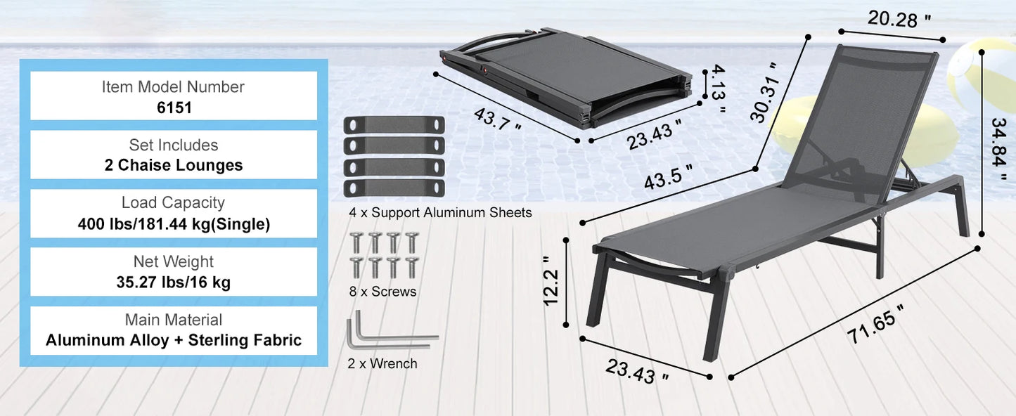 SucceBuy Outdoor Aluminum Chaise Lounge Chair — Folding Patio Pool Recliner, Full Flat Sun Lounger in Dark Grey