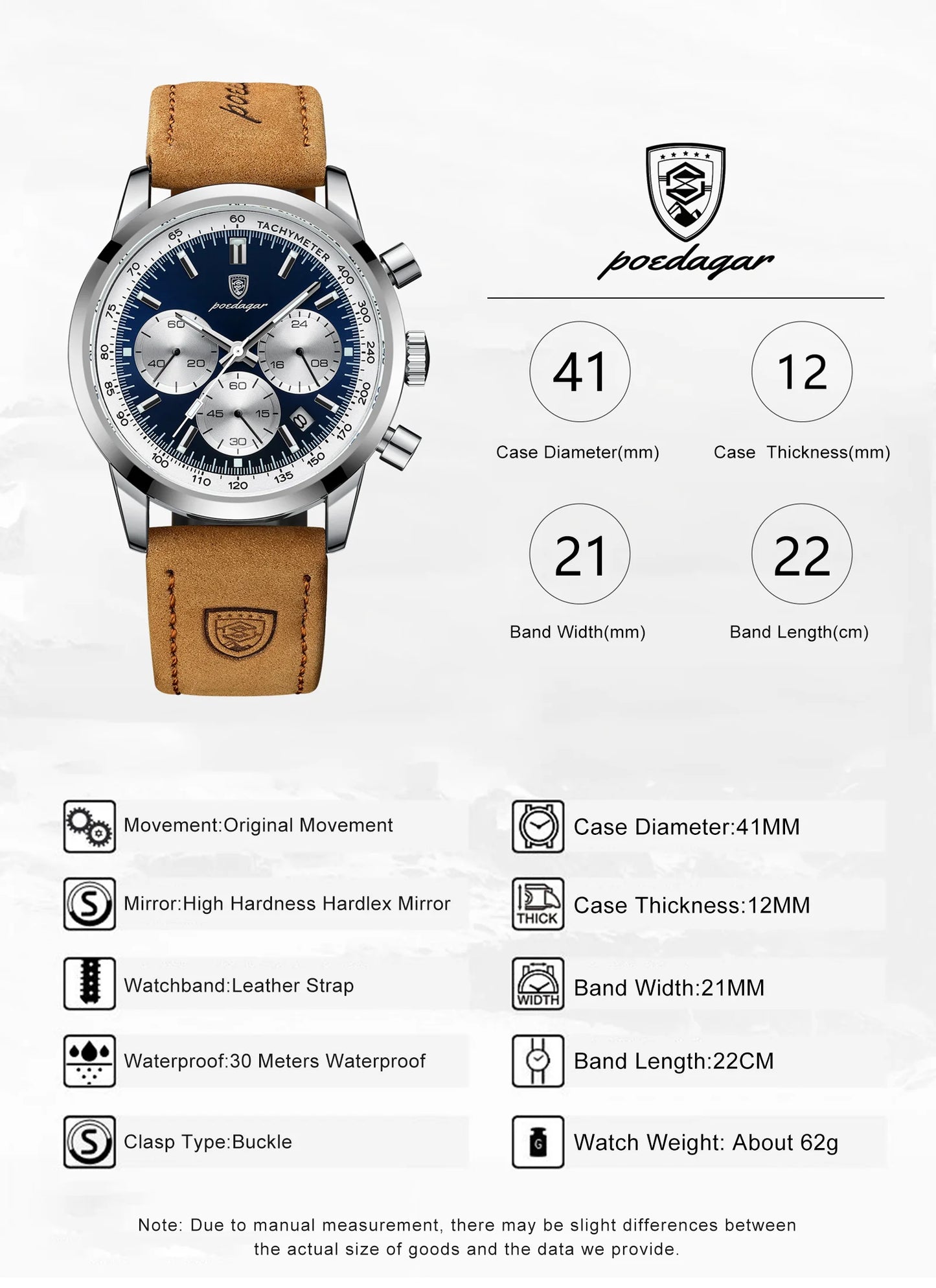POEDAGAR Men's Luxury Sports Watch – Genuine Leather, Chronograph, Waterproof, Luminous Quartz Wristwatch