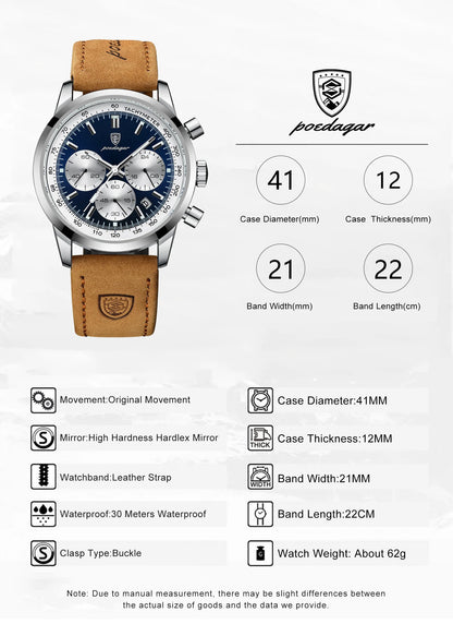 POEDAGAR Men's Luxury Sports Watch – Genuine Leather, Chronograph, Waterproof, Luminous Quartz Wristwatch
