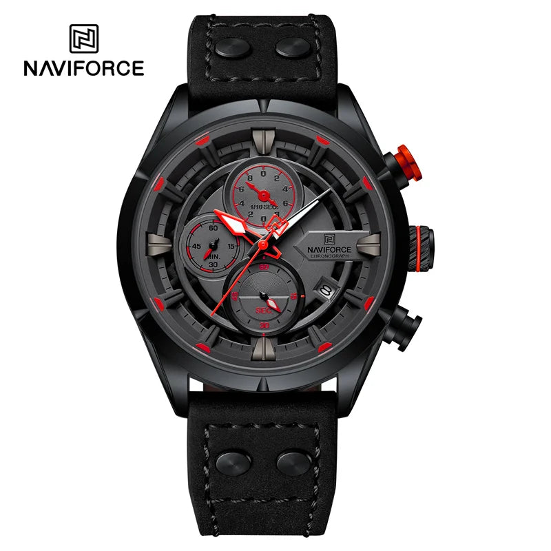 NAVIFORCE Men's Casual Watch – Luxury Waterproof Chronograph Quartz Wristwatch with Genuine Leather Strap