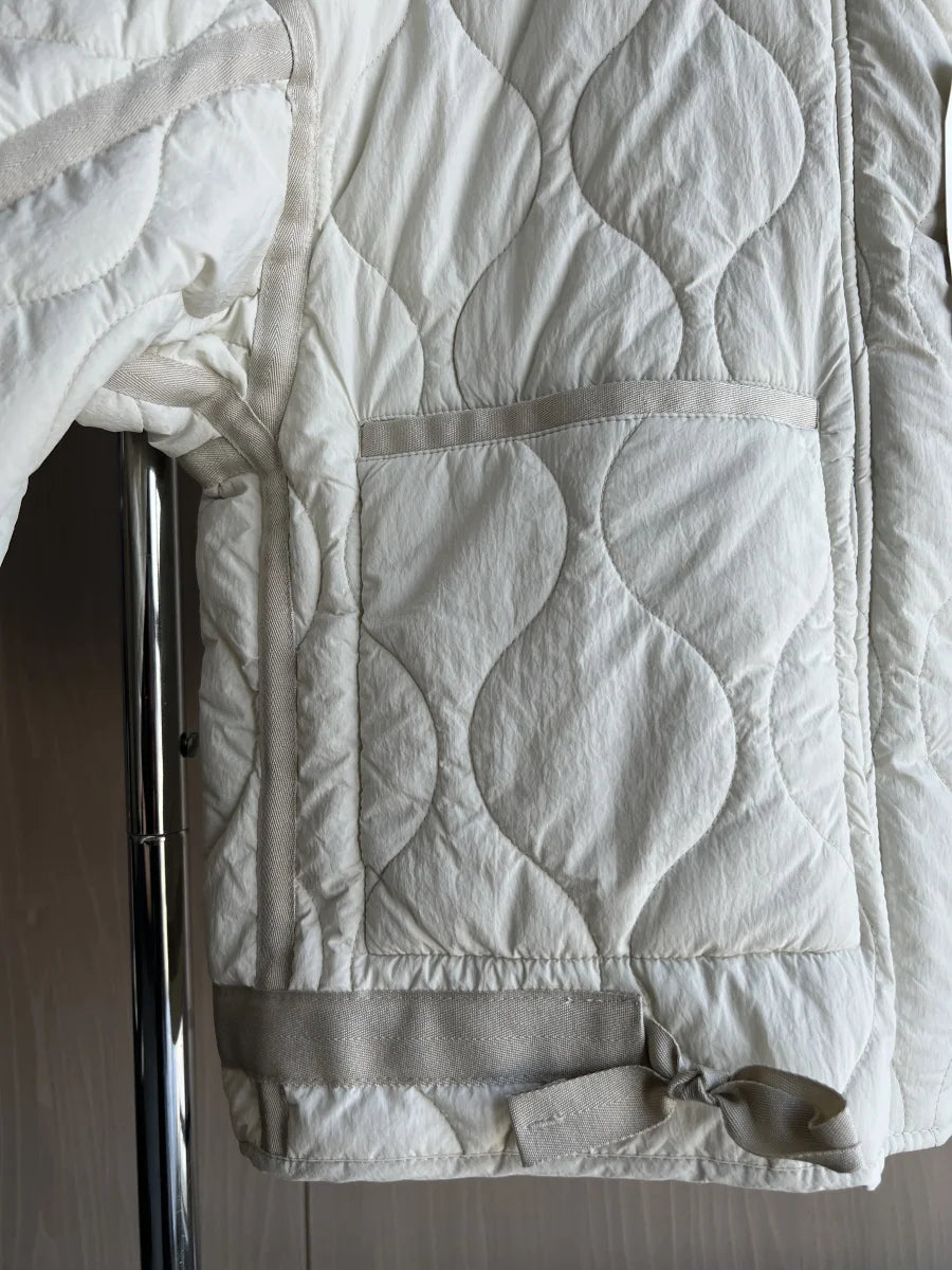 2024 ETJ Quilted Women's Coat – Beige Drawstring High Neck Jacket with Ties & Pockets