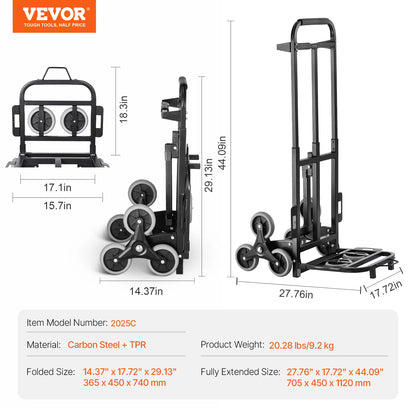 VEVOR 460 lbs Stair Climbing Folding Hand Truck – 6-Wheel Dolly with Handle & Elastic Ropes for Shopping, Moving, Warehouse