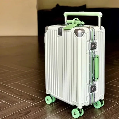 Aluminum Frame Rolling Luggage — Wide Handlebar Trolley Suitcase with Colorful Silent Spinner Wheels, TSA Lock & Large Capacity