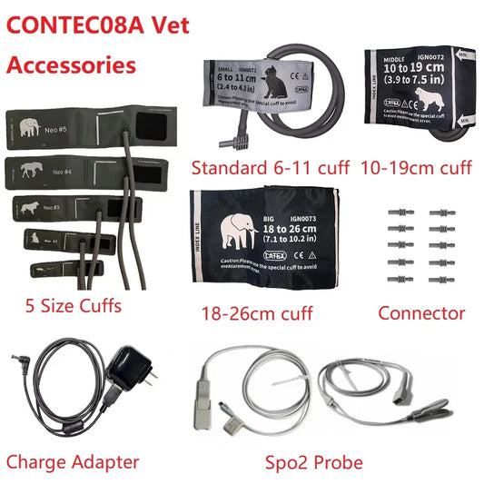 CONTEC 08A Veterinary Blood Pressure Monitor Accessories — Animal Cuffs, Clip SpO2 Probe, Charger Adapter, and Plastic Connector