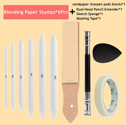 Art Blending Stumps and Tortillions Set: Paper Blenders, Sandpaper, Pencil Sharpener Pointer - Charcoal Sketch Drawing Tools for Artists