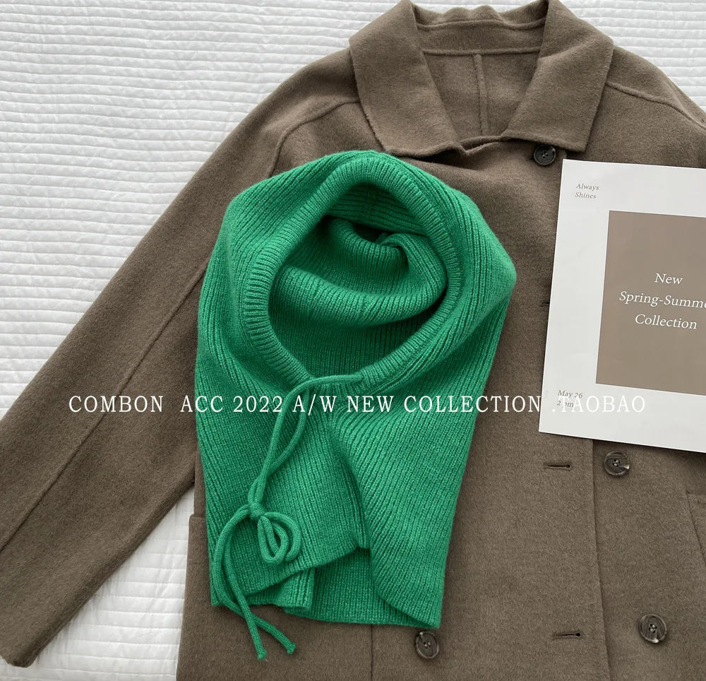 Winter Knitted Hooded Balaclava Hats for Women – Korean Style Outdoor Warmer Beanie with Drawstring Neck Collar