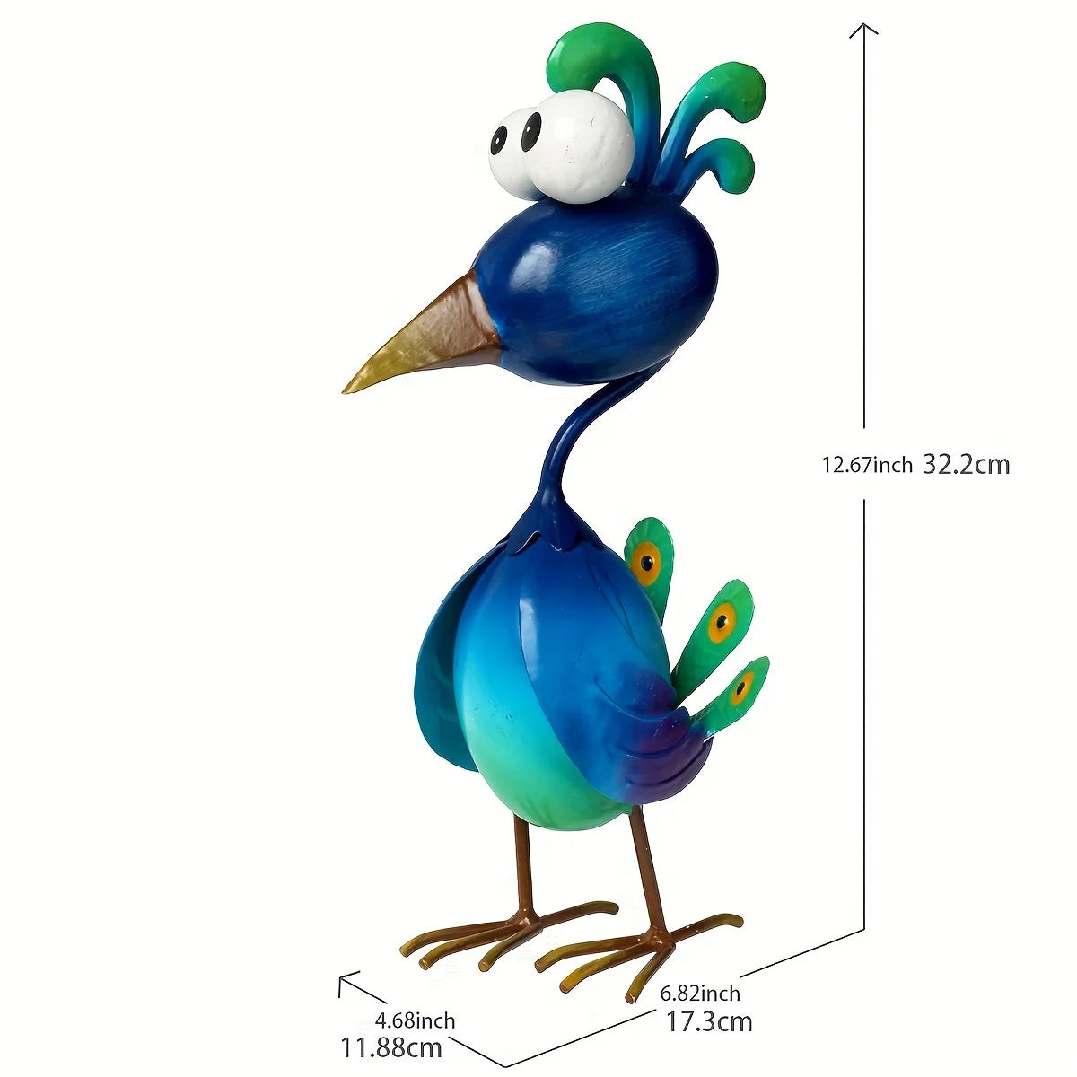 Blue Metal Peacock Sculpture — 3D Outdoor Garden Statue for Yard, Lawn, Backyard, Porch & Pond Decor