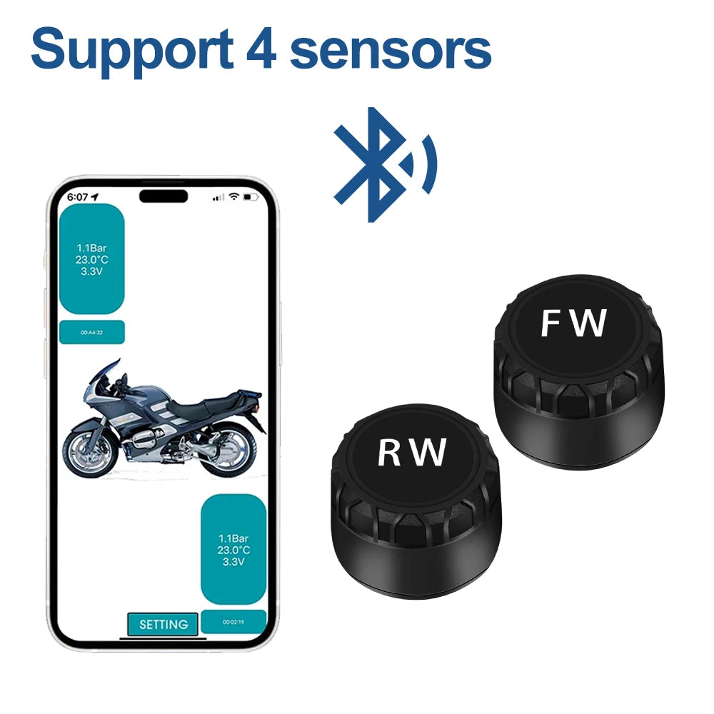 Motorcycle Bluetooth-Compatible TPMS – External Tire Pressure Sensors for Android/IOS Car Monitoring System